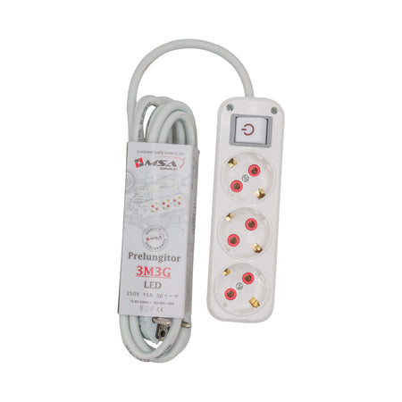 Prelungitor 3 prize cu întrerupător led 3 m MSA Group, 16A, 250A, MSA2071
