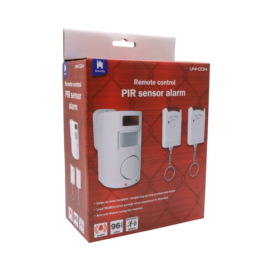 Alarmă cu senzor PIR Uni-Com, infraroșu, 96 dB, 2 telecomenzi