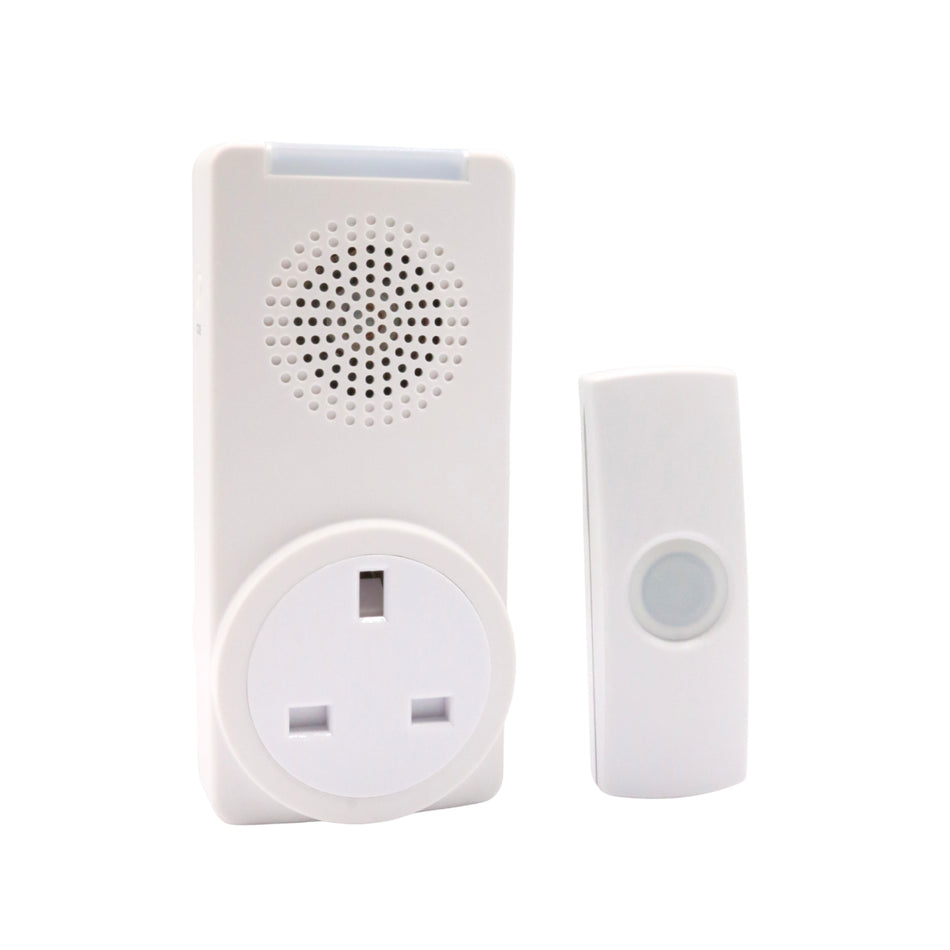 Sonerie wireless UNI-COM 5634, Plug-Through, cu priză integrată, 120 m, 85 dB, IP55, CADOU INCLUS – Adaptor universal