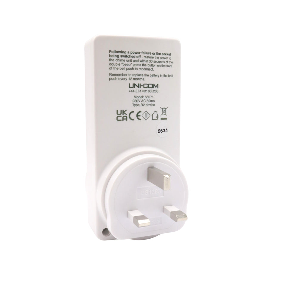 Sonerie wireless UNI-COM 5634, Plug-Through, cu priză integrată, 120 m, 85 dB, IP55, CADOU INCLUS – Adaptor universal