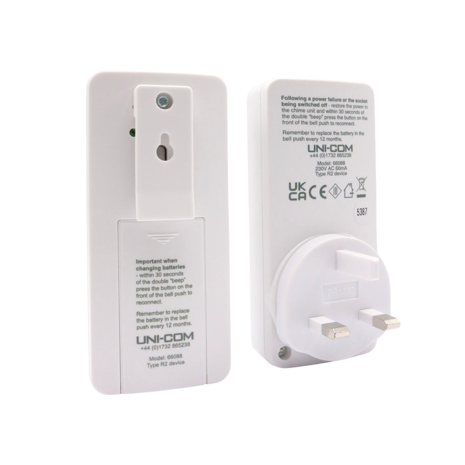 Sonerie wireless UNI-COM, 2 unități, portabilă și de priză, 120 m, 85 dB, CADOU INCLUS – Adaptor universal