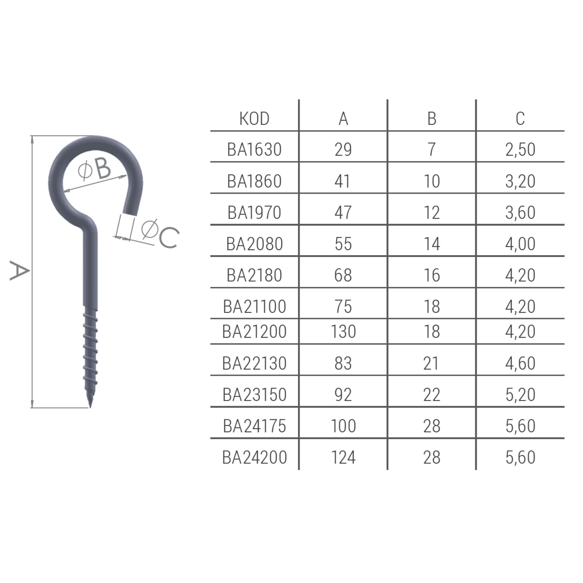 Cârlig tip ochi cu filet pentru lemn 83 x 21 mm (100/cut), Besel – BA22130