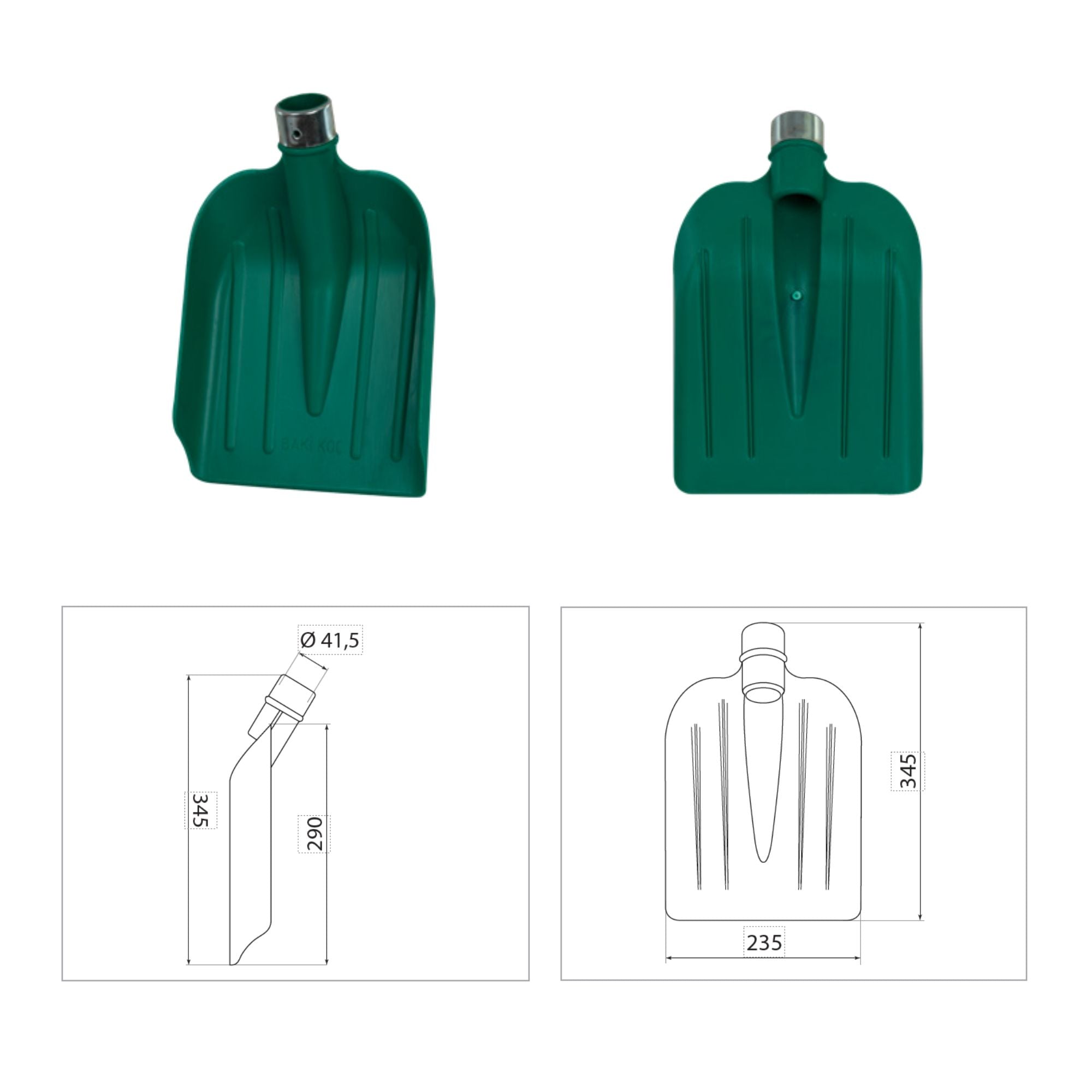 Lopată plastic verde întărită cu inel metalic , No.3, 348 g, 235 x 345 mm