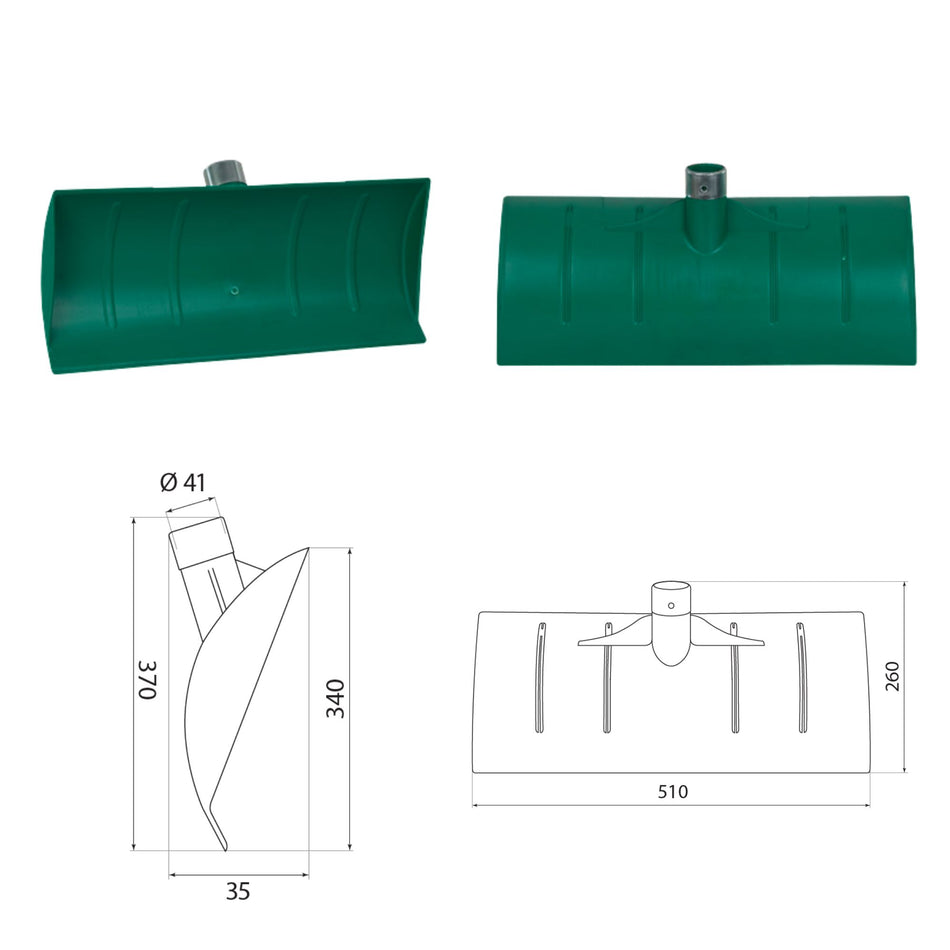 Lopată plastic verde întărită cu inel, 642 g, 510 × 370 mm