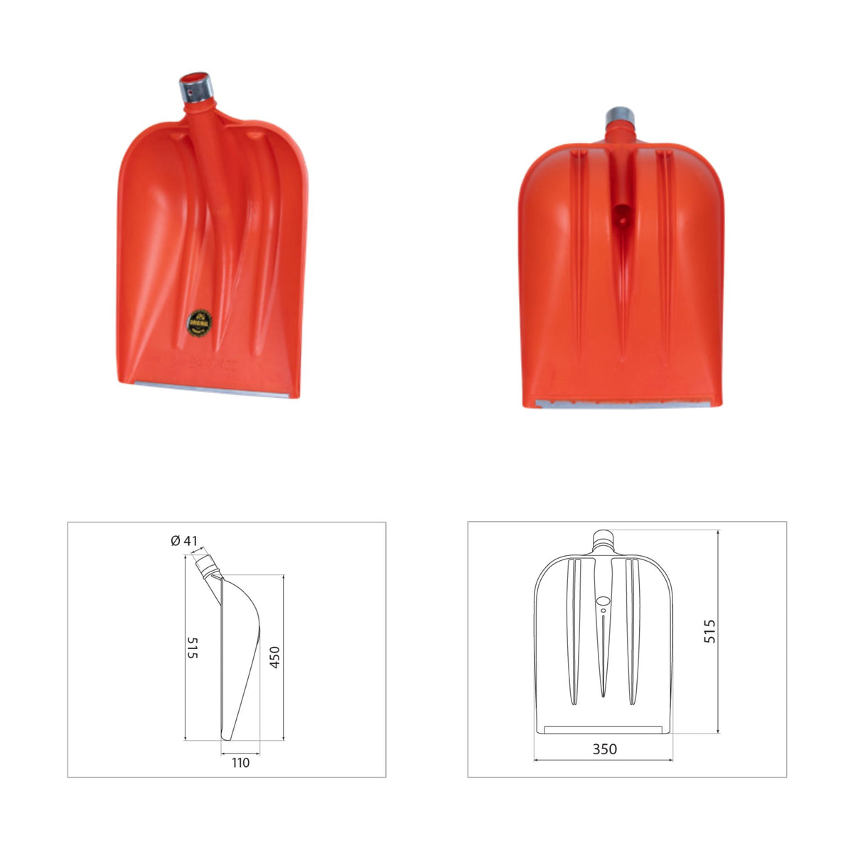 Lopată plastic portocalie întărită cu inel și bord metalic , 935 g, 350 x 515 mm