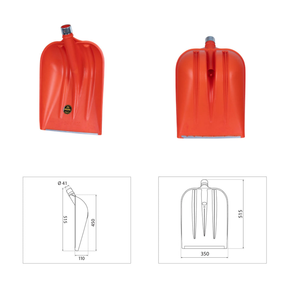 Lopată plastic portocalie întărită cu inel și bord metalic , 935 g, 350 x 515 mm