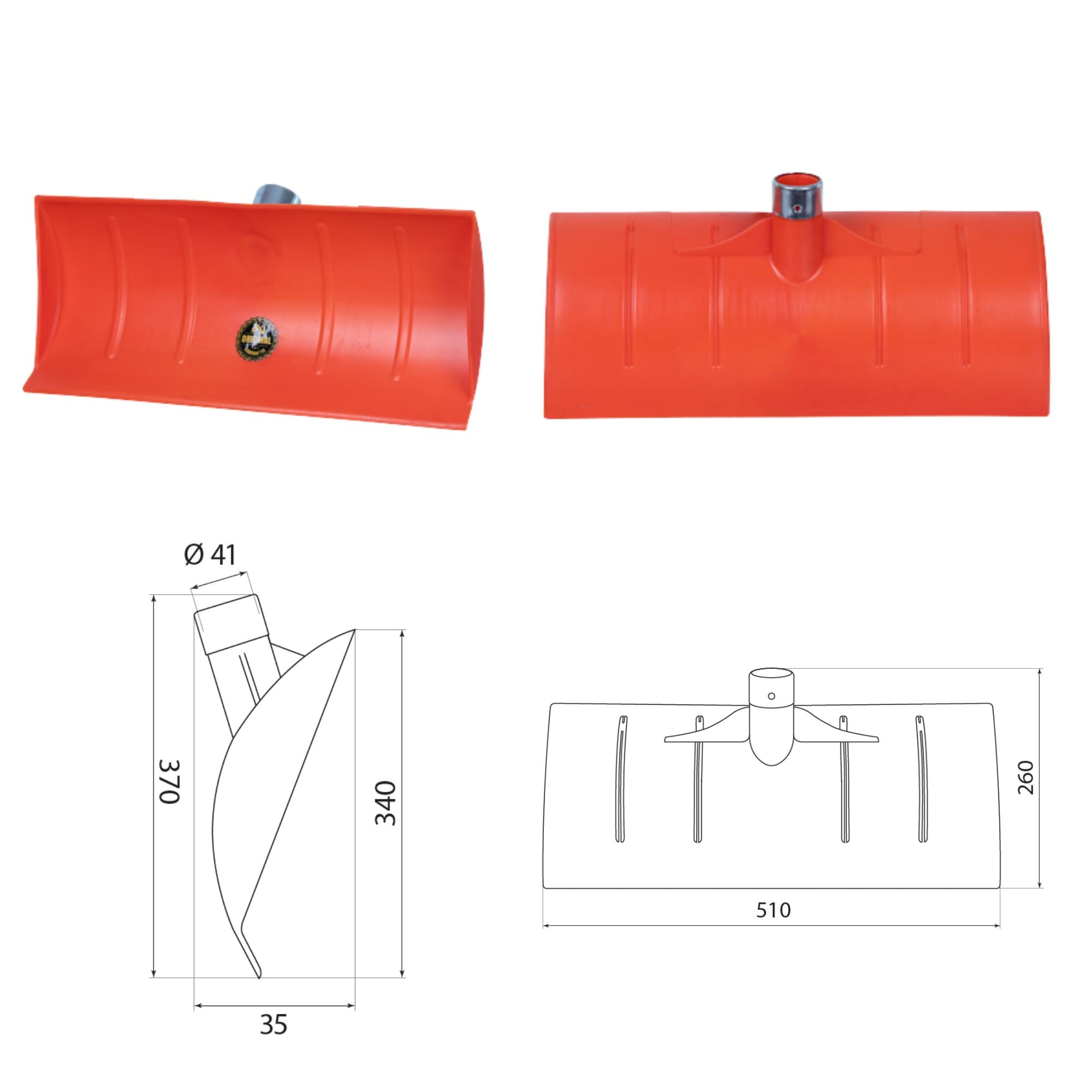 Lopată plastic portocalie întărită cu inel și bord metalic, 642 g, 510 x 370 mm