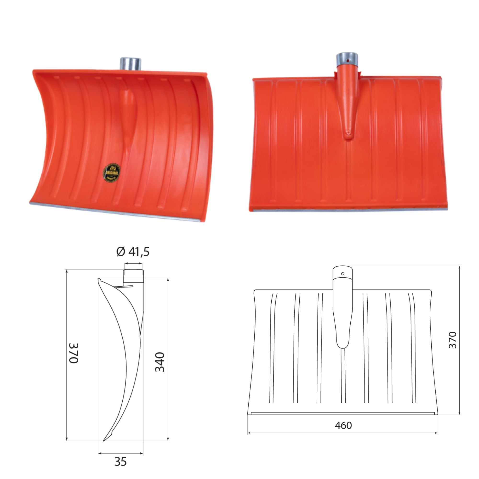 Lopată plastic portocalie întărită cu inel și bord metalic, 958 g, 370 x 460 mm