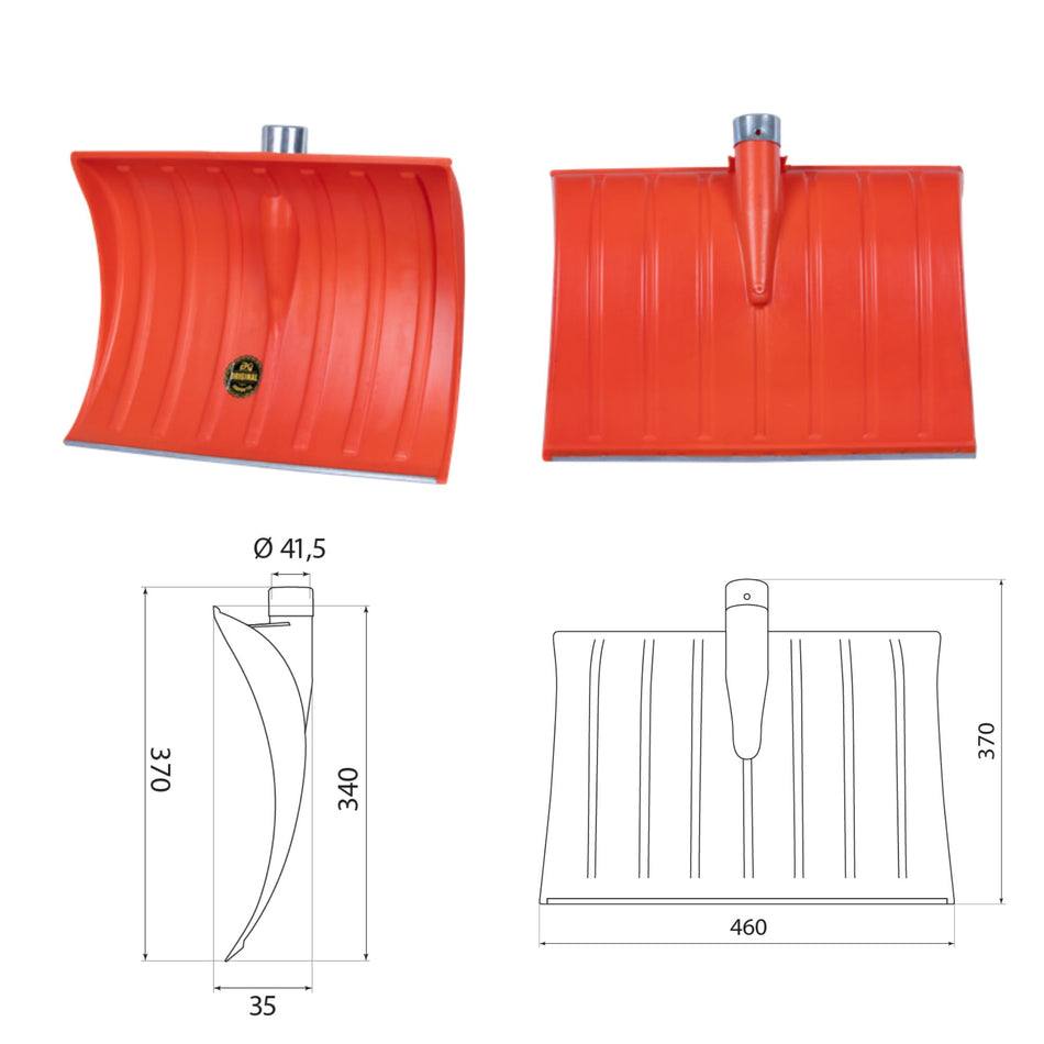 Lopată plastic portocalie întărită cu inel și bord metalic, 958 g, 370 x 460 mm