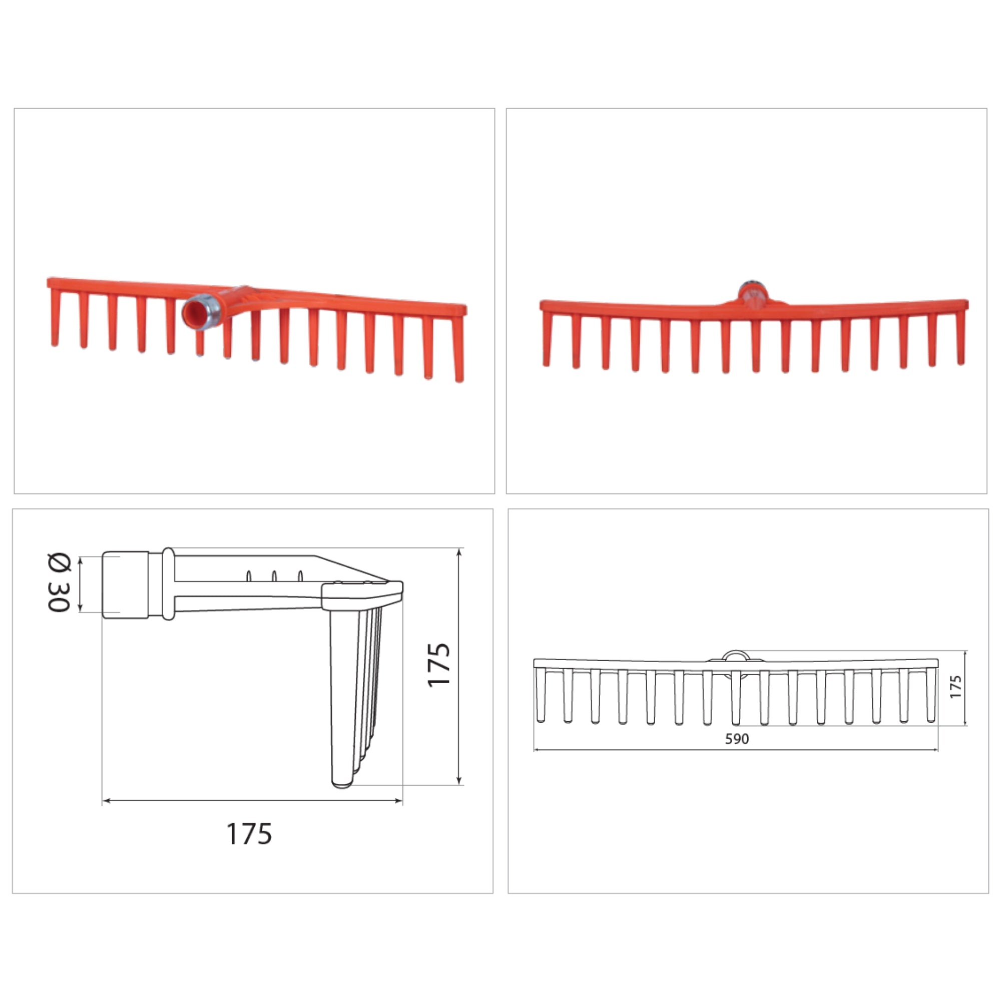 Greblă plastic portocalie 15 dinți vârfuri metal, diametru coadă Ø30 mm – BKI222