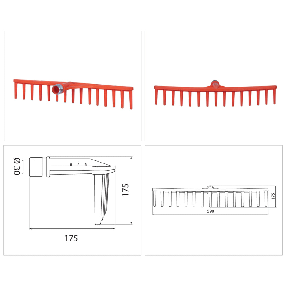 Greblă plastic portocalie 15 dinți vârfuri metal, diametru coadă Ø30 mm – BKI222