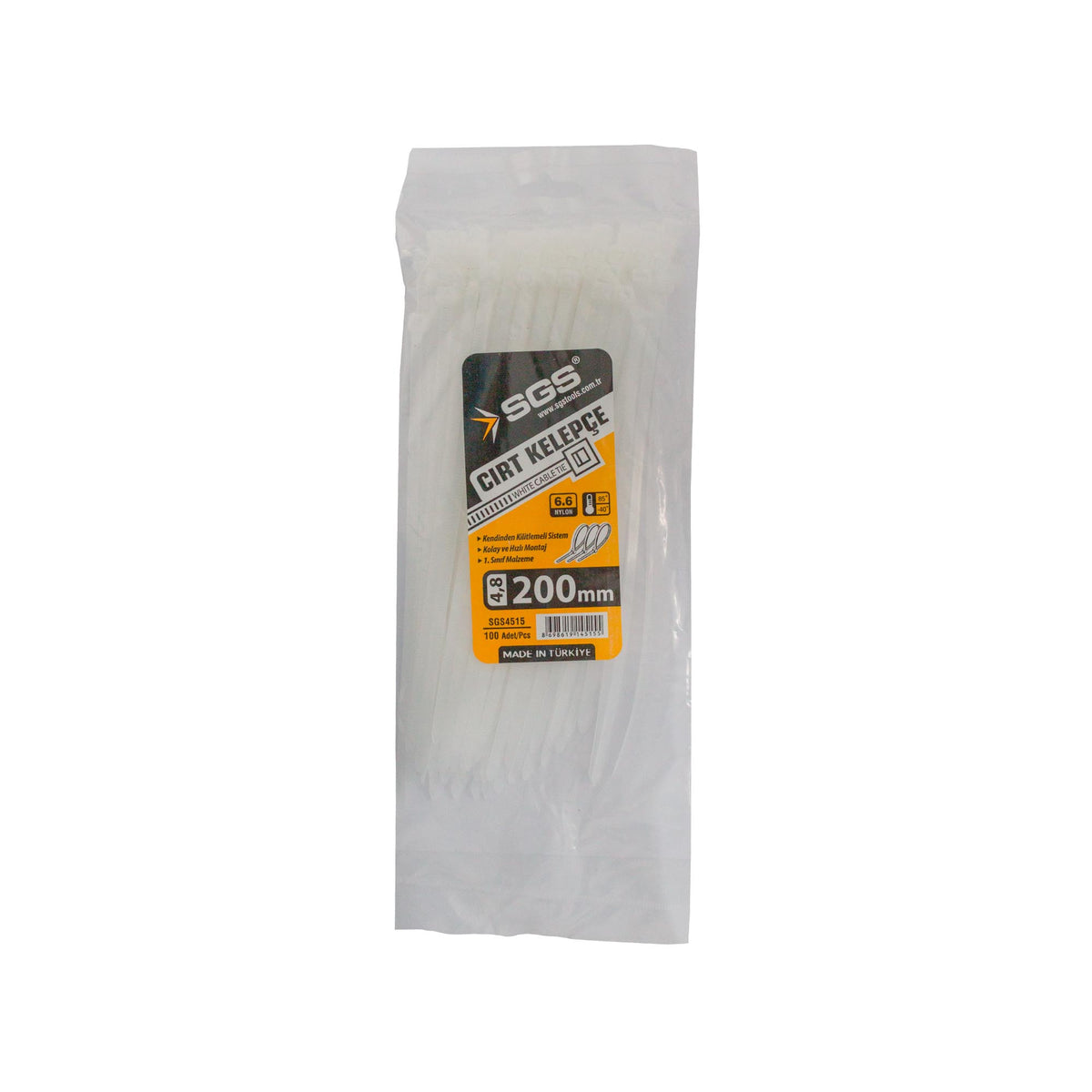 Coliere plastic albe 4,8 x 200 mm, 100 bucăți – Nylon 6.6, rezistență -40°C/+85°C