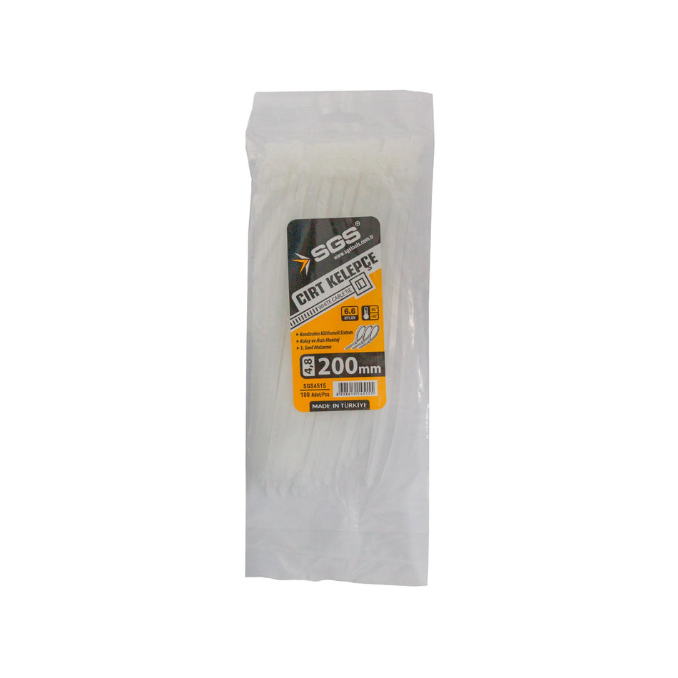 Coliere plastic albe 4,8 x 200 mm, 100 bucăți – Nylon 6.6, rezistență -40°C/+85°C