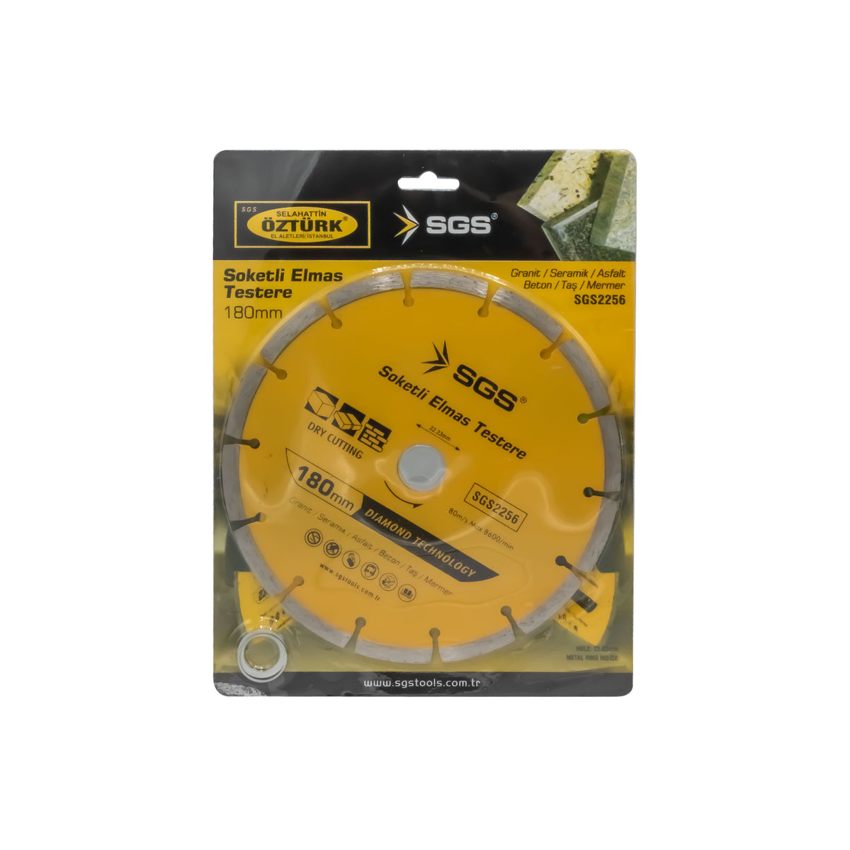 Disc diamantat segmentat SGS2256, 230 mm x 22,23 mm, tăiere granit, ceramică, asfalt, beton, piatră, marmură, 80m/s, Max 8600/min
