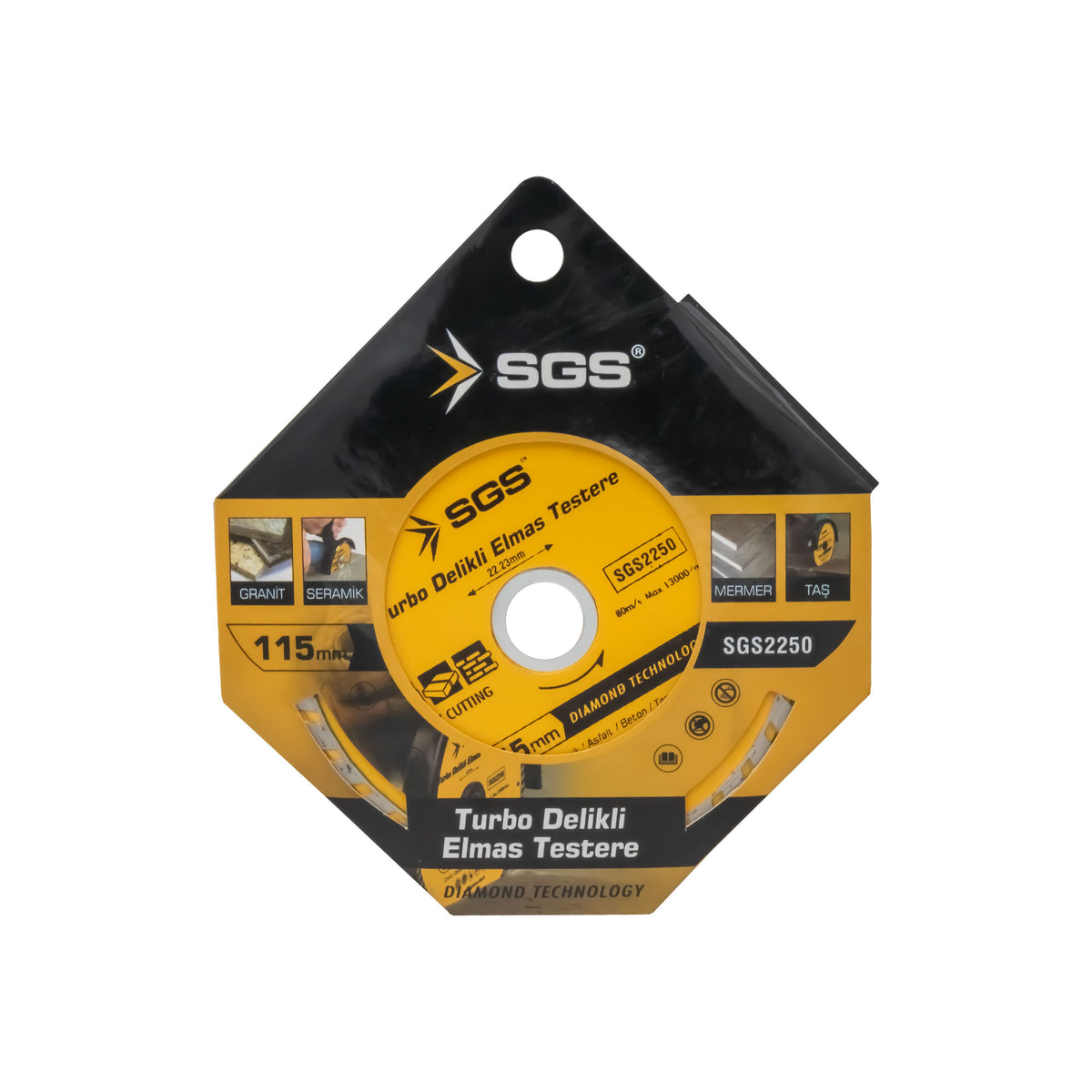 Disc diamantat turbo perforat SGS2250, 115 mm x 22,23 mm, pentru granit, ceramică, beton, piatră și marmură