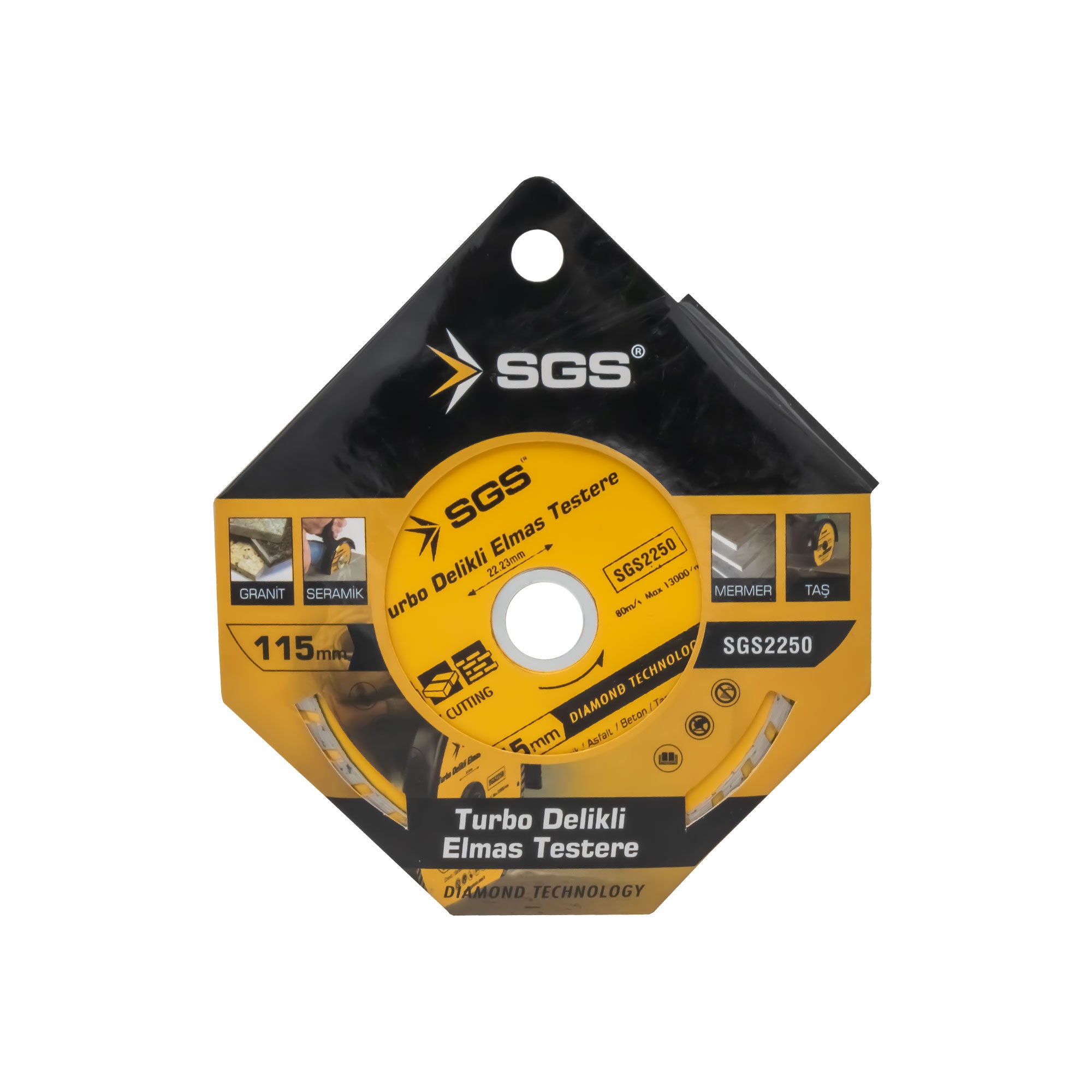 Disc diamantat turbo perforat SGS2250, 115 mm x 22,23 mm, pentru granit, ceramică, beton, piatră și marmură