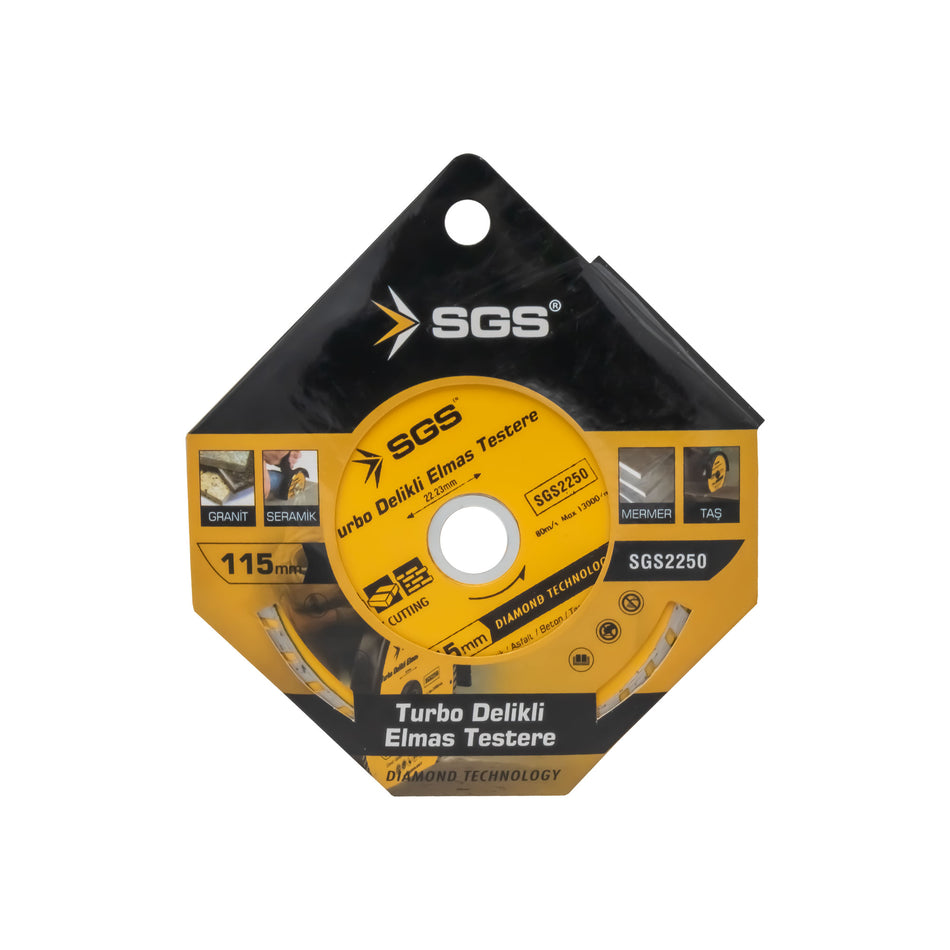 Disc diamantat turbo perforat SGS2250, 115 mm x 22,23 mm, pentru granit, ceramică, beton, piatră și marmură