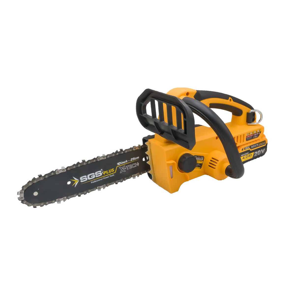 Drujbă pe acumulator SGS PLUS X-TECH 20V, motor brushless, lamă 25 cm (10”), baterie Li-Ion 4.0Ah, set complet