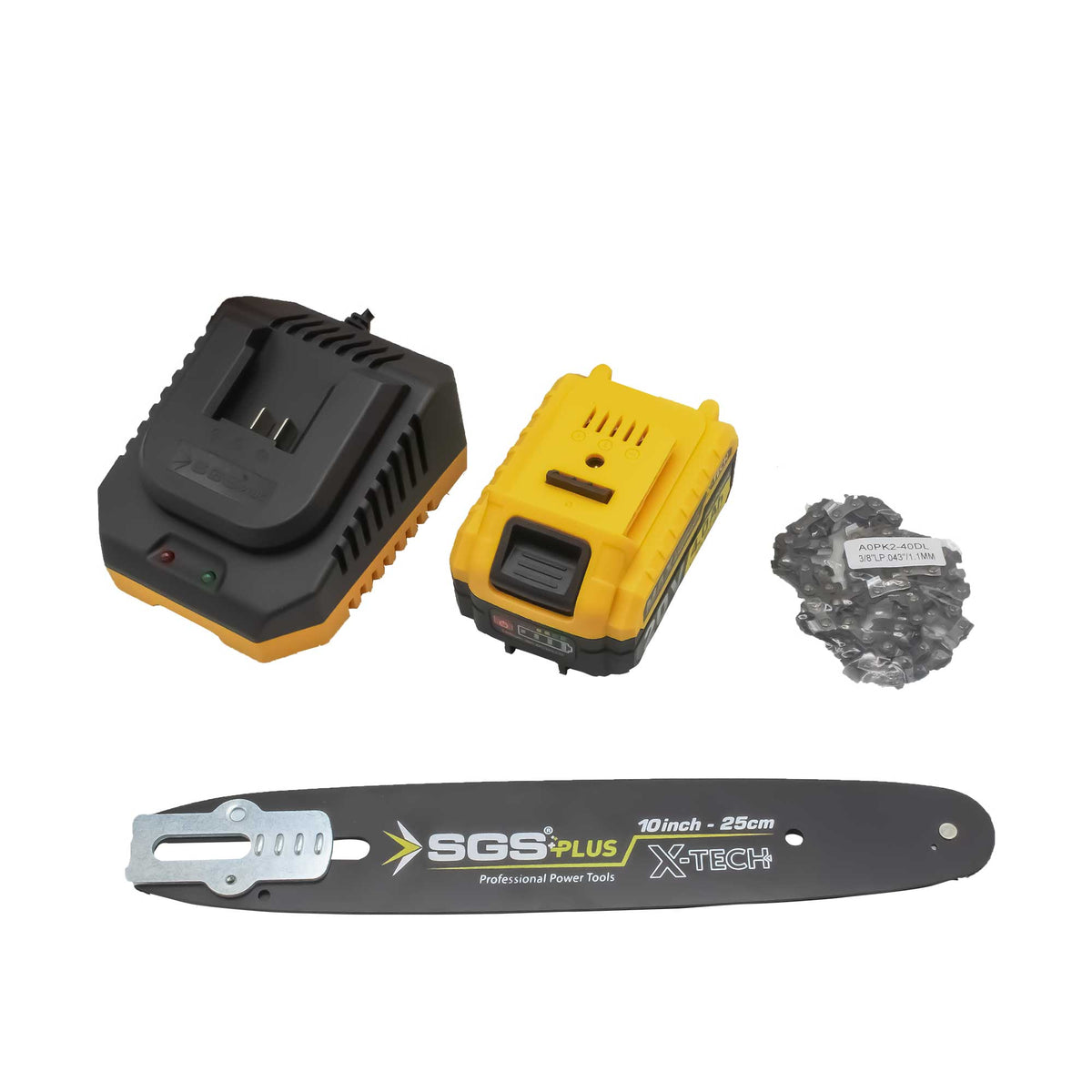 Drujbă pe acumulator SGS PLUS X-TECH 20V, motor brushless, lamă 25 cm (10”), baterie Li-Ion 4.0Ah, set complet