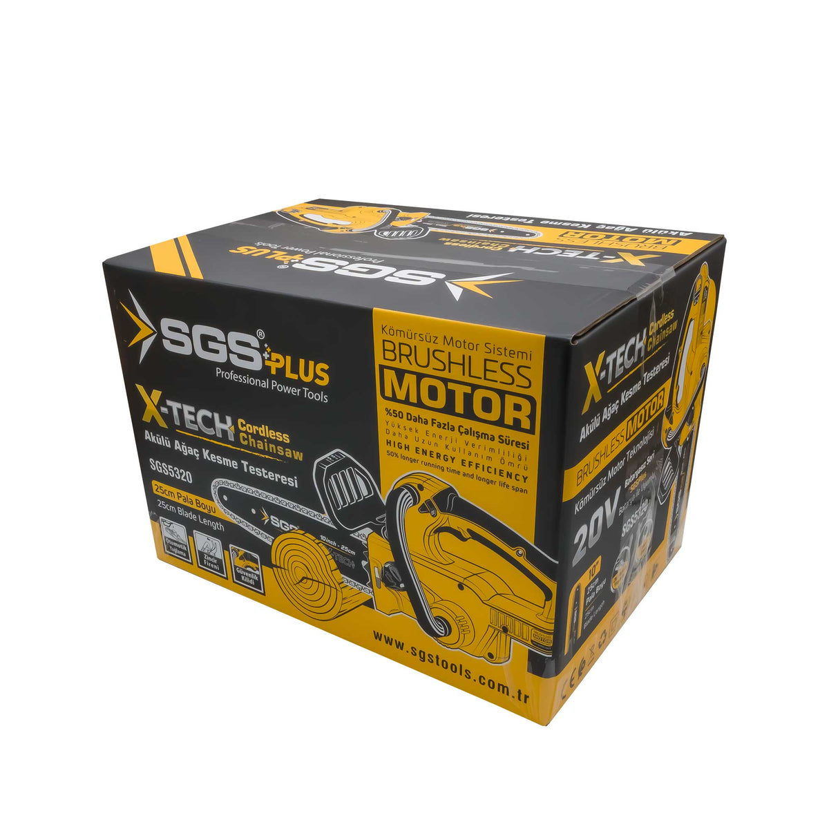 Drujbă pe acumulator SGS PLUS X-TECH 20V, motor brushless, lamă 25 cm (10”), baterie Li-Ion 4.0Ah, set complet