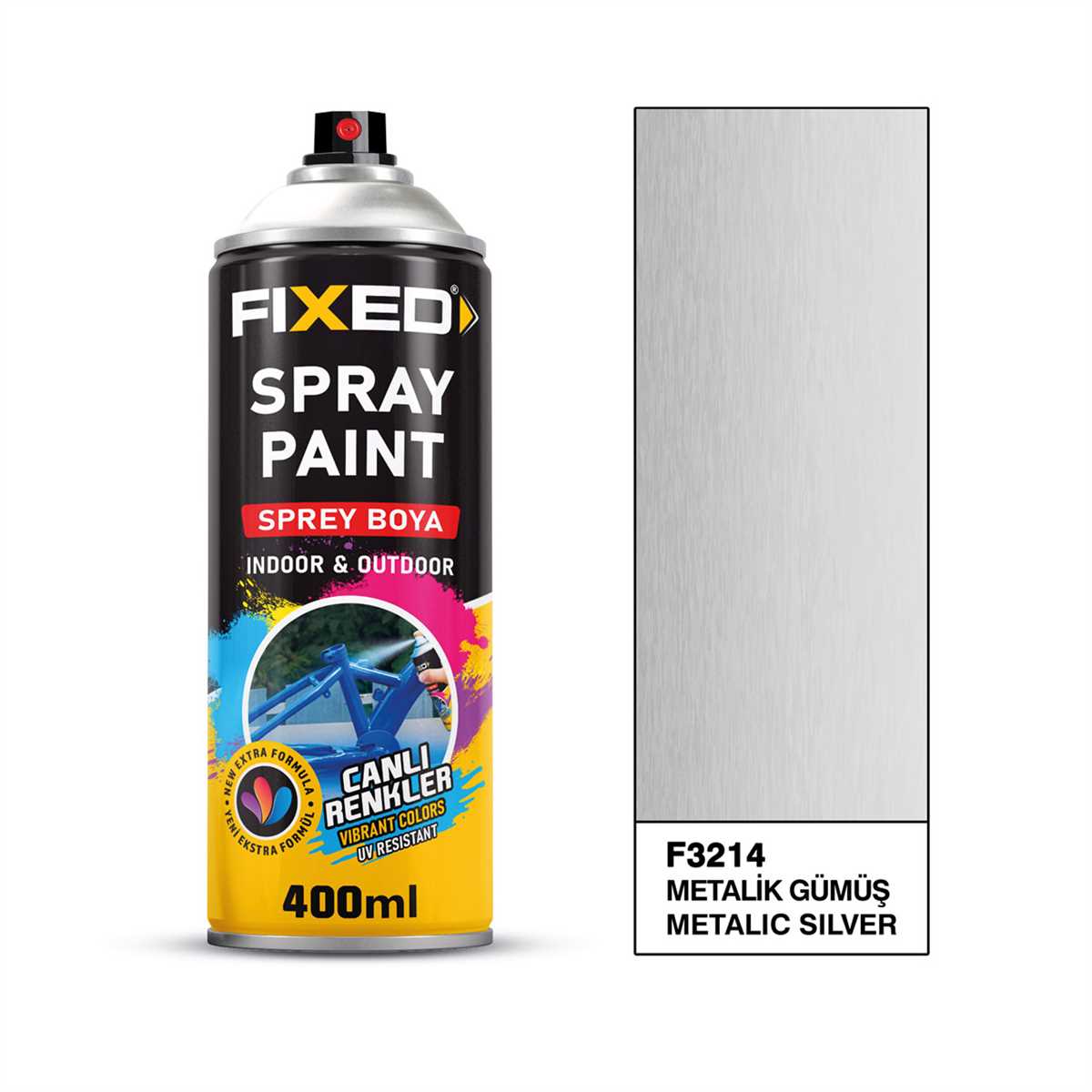 Vopsea spray FIXED, 400 ml, argintiu metalizat, pentru interior și exterior, rezistentă UV