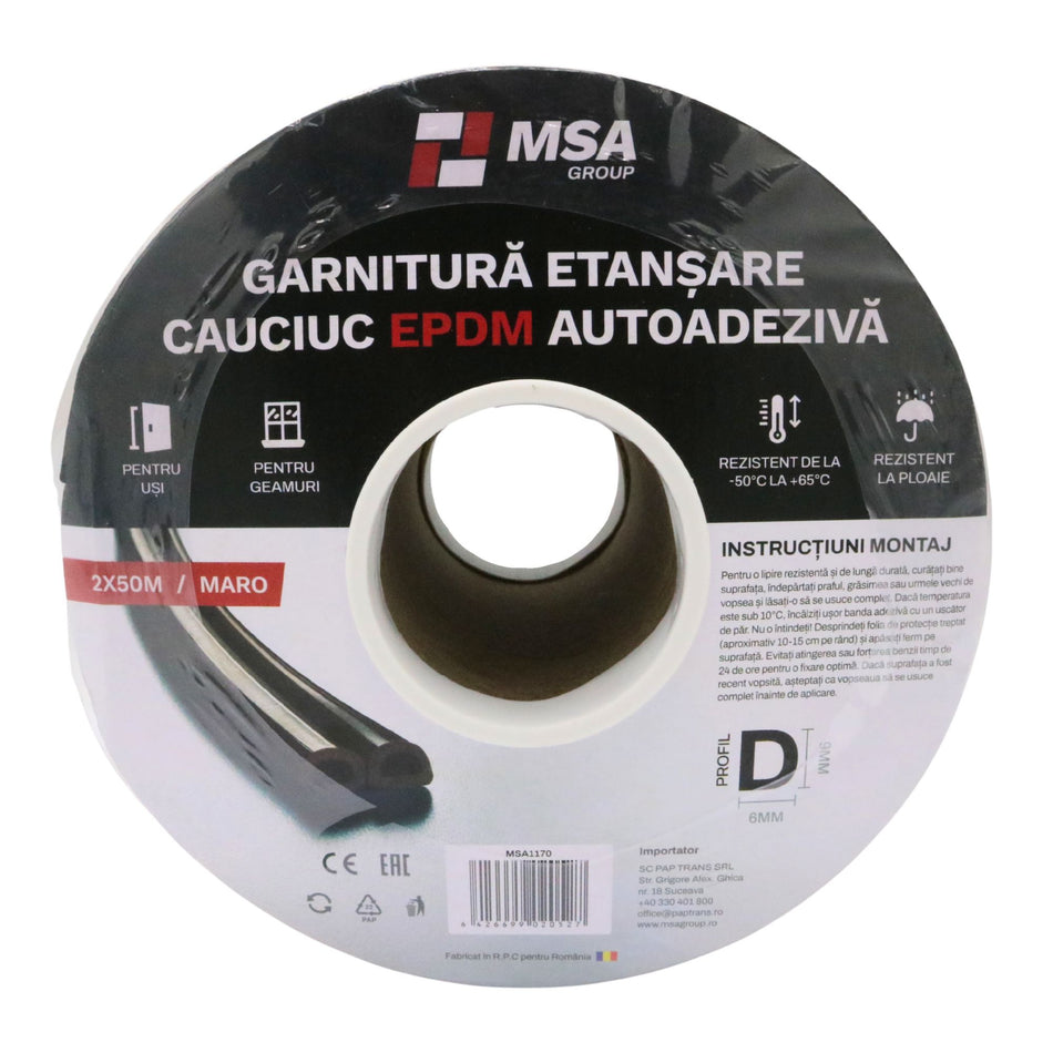 Garnitură etanșare cauciuc EPDM autodezivă, profil D (9 x 6 mm), maro, 100 m