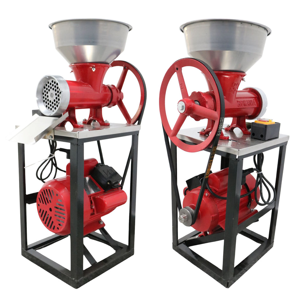 Mașină de tocat carne nr. 32 din fontă cu motor monofazic 2,5 kW, 220V, cadru negru + cuvă aluminiu
