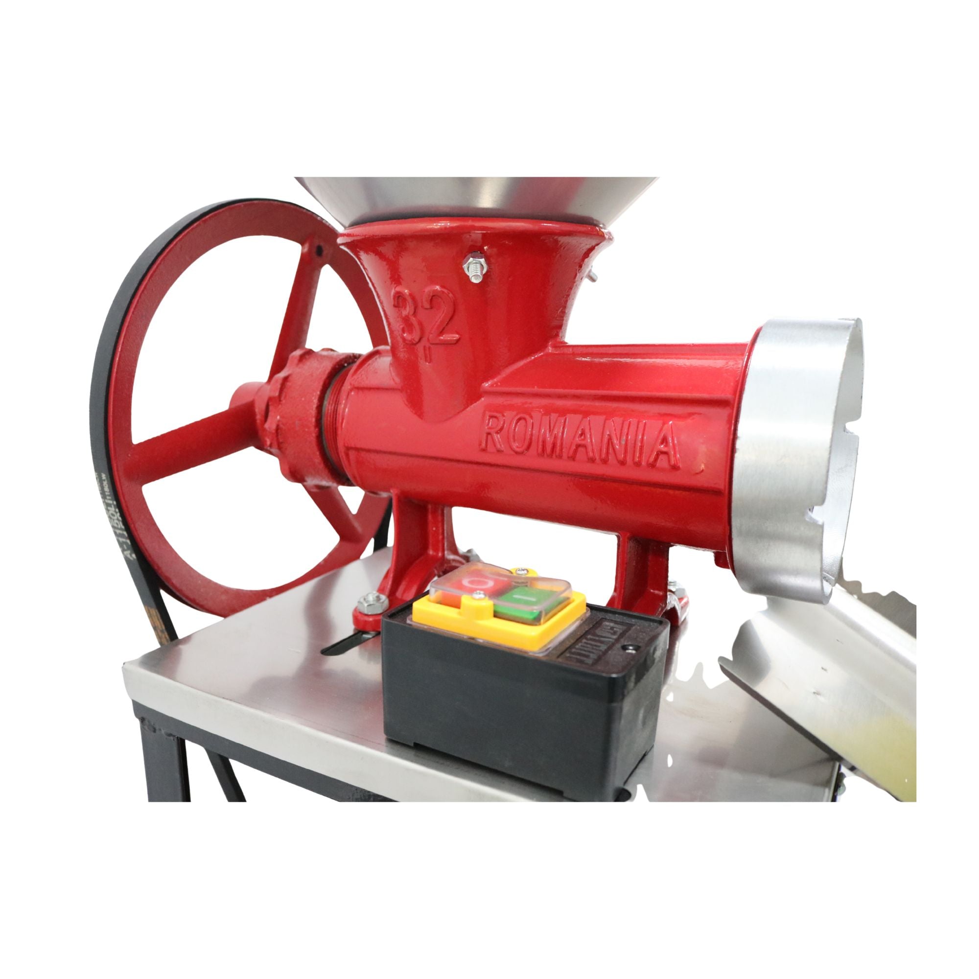Mașină de tocat carne nr. 32 din fontă cu motor monofazic 2,5 kW, 220V, cadru negru + cuvă aluminiu