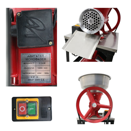 Mașină de tocat carne nr. 32 din fontă cu motor monofazic 2,5 kW, 220V, cadru negru + cuvă aluminiu