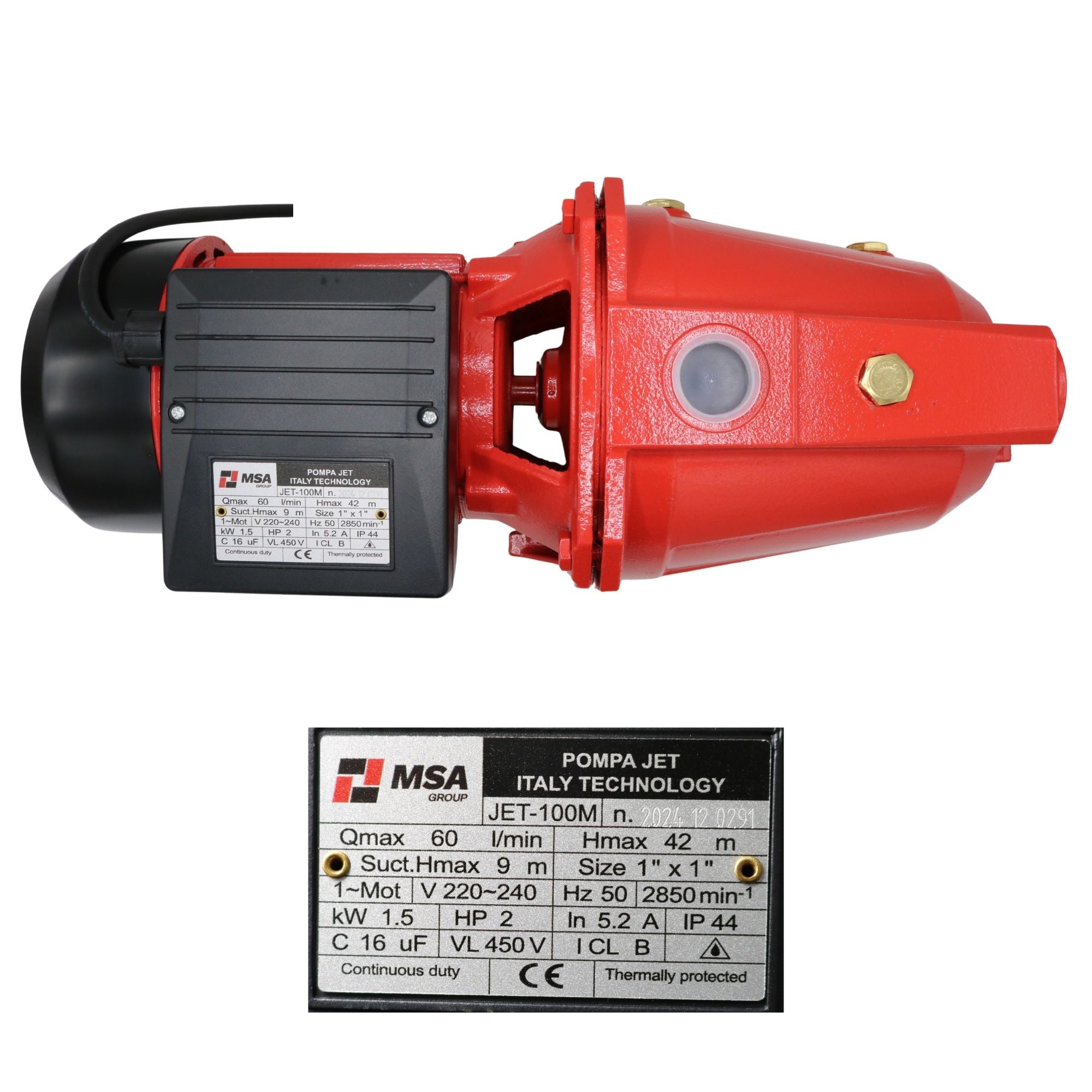 Pompă de suprafață JET 100M 1.5 kW (2 CP) 60 L/min MSA Group, înălțime refulare 42 m, aspirație max. 9 m