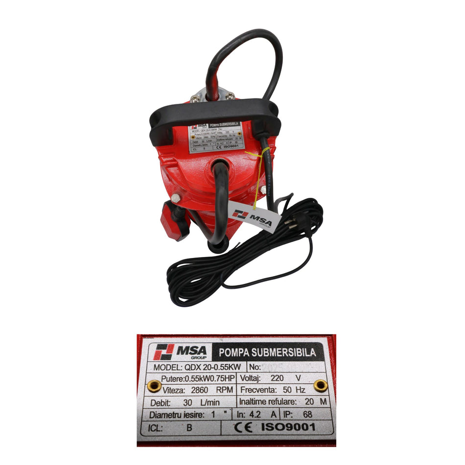 Pompă submersibilă QDX 20-0.55KW, 0.55 kW (0.75 HP), 220V, debit 30 L/min, înălțime refulare 20 m, MSA Group