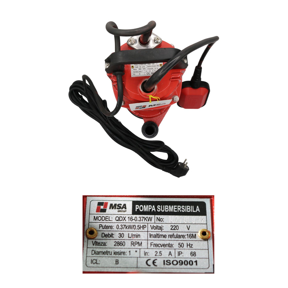 Pompă submersibilă QDX 16-0.37KW, 0.37 kW (0.5 HP), 220V, debit 30 L/min, înălțime refulare 16 m, MSA Group