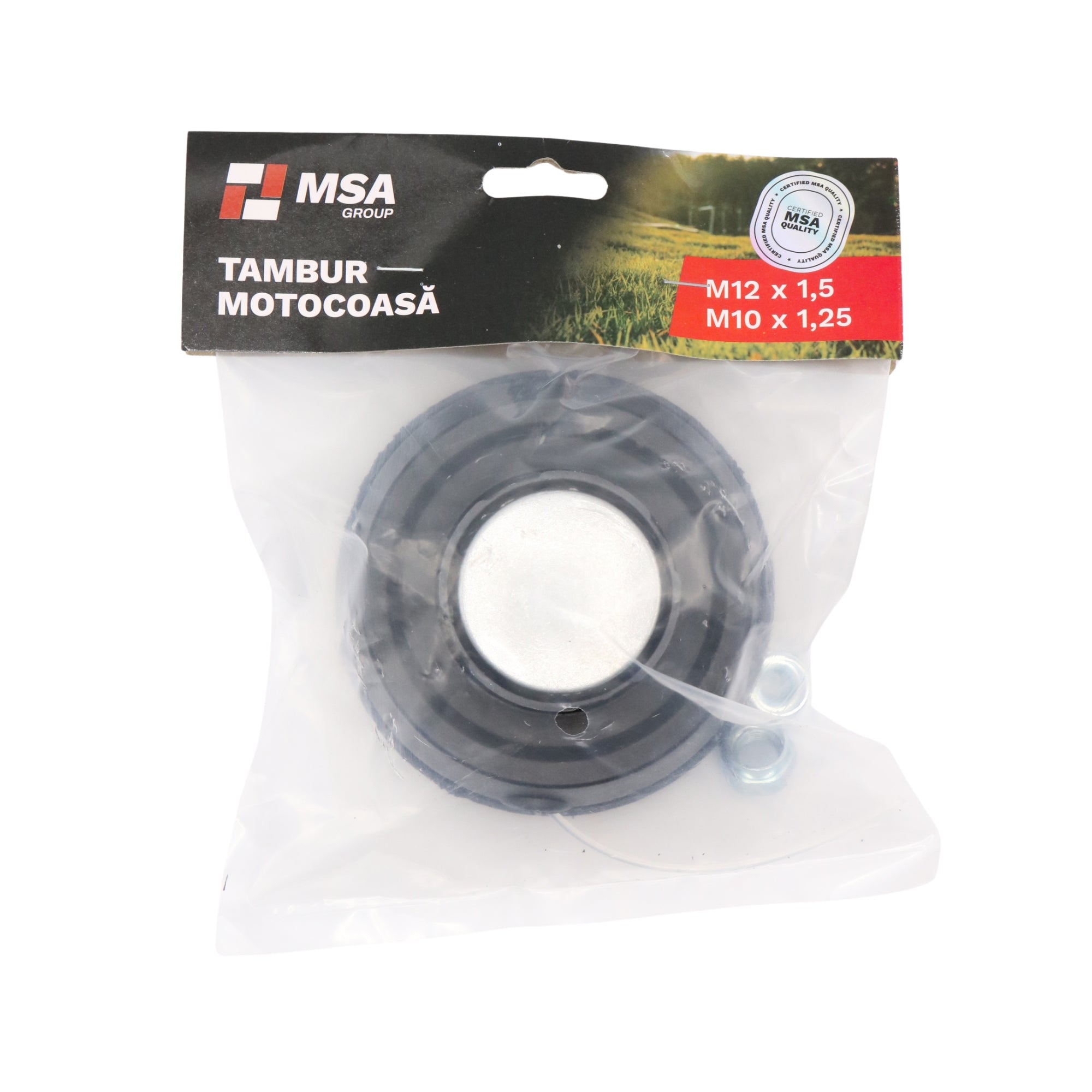 Tambur motocoasă negru cu metal + adaptoare M12 x 1.5 – M10 x 1.25, fir dublu, bump feed – MSA1511