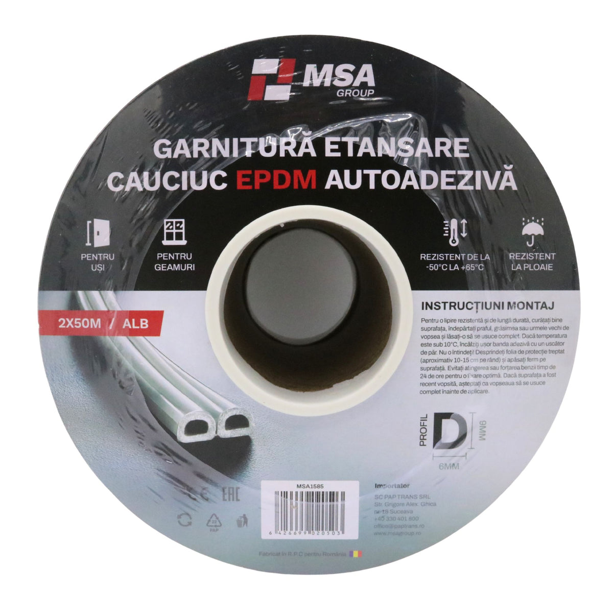 Garnitură etanșare cauciuc EPDM autodezivă, profil D (9 x 6 mm), alb, 100 m