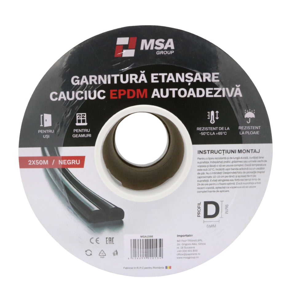 Garnitură etanșare cauciuc EPDM autodezivă, profil D (9 x 6 mm), negru, 100 m