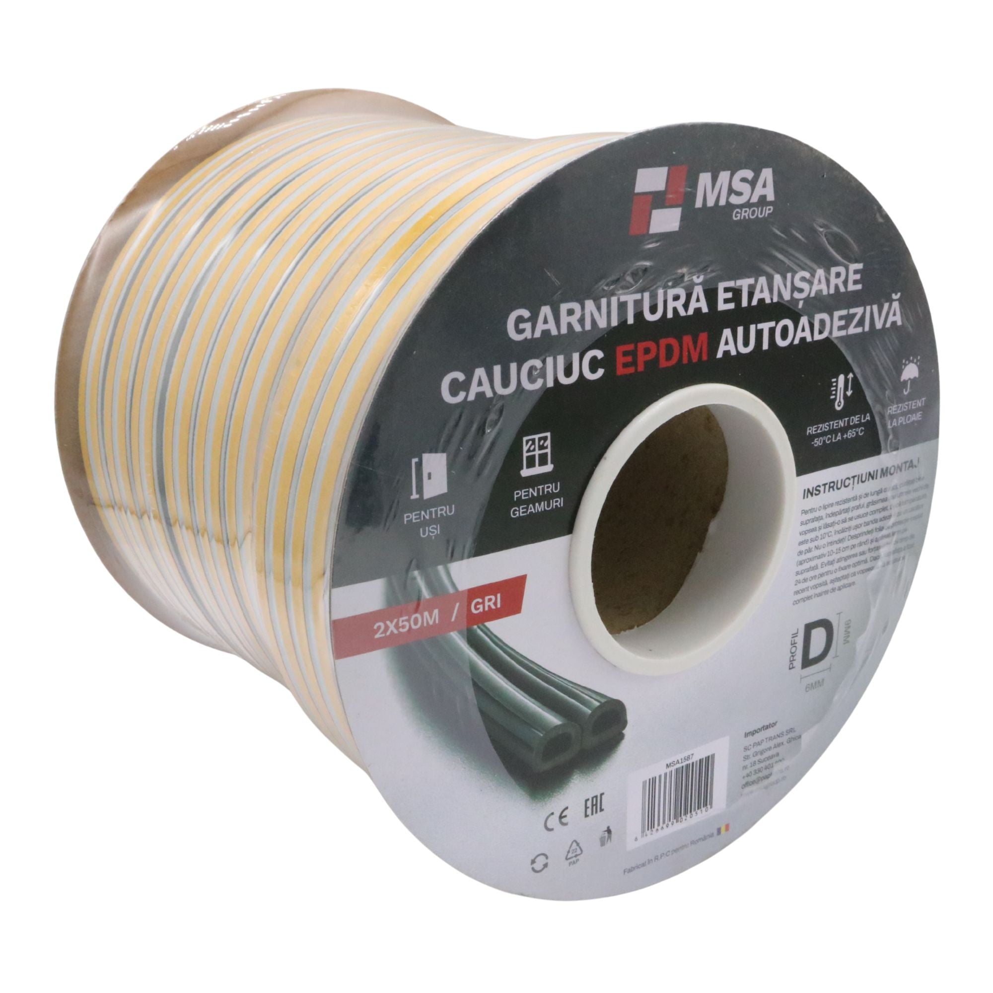 Garnitură etanșare cauciuc EPDM autodezivă, profil D (9 x 6 mm), gri, 100 m