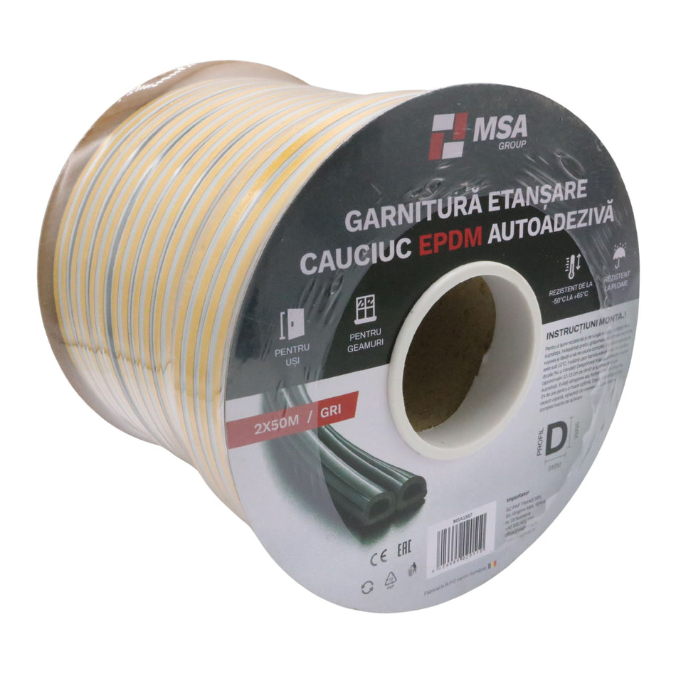 Garnitură etanșare cauciuc EPDM autodezivă, profil D (9 x 6 mm), gri, 100 m