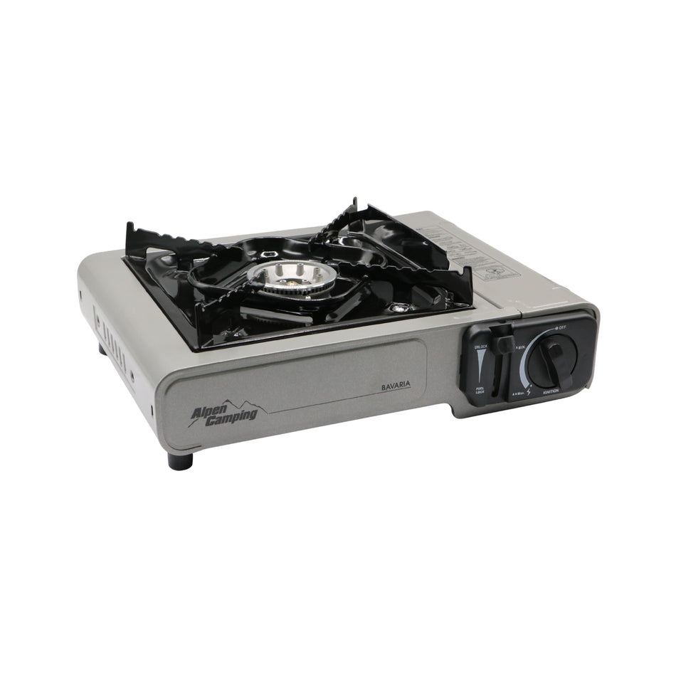 Aragaz portabil cu 1 ochi Alpen Camping Bavaria IK001, 2.2 kW, alimentare butan, aprindere piezo, valiză transport inclusă, 34 x 28 cm