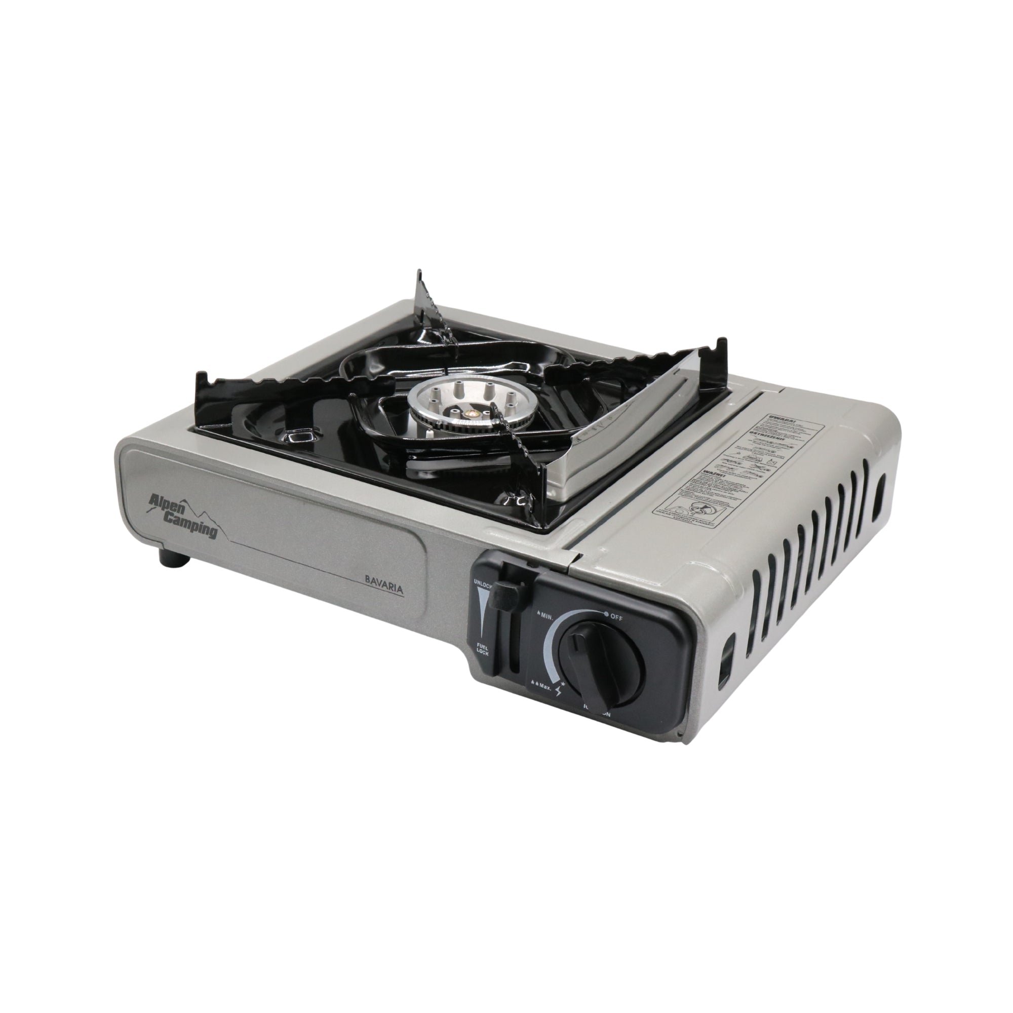 Aragaz portabil cu 1 ochi Alpen Camping Bavaria IK001, 2.2 kW, alimentare butan, aprindere piezo, valiză transport inclusă, 34 x 28 cm