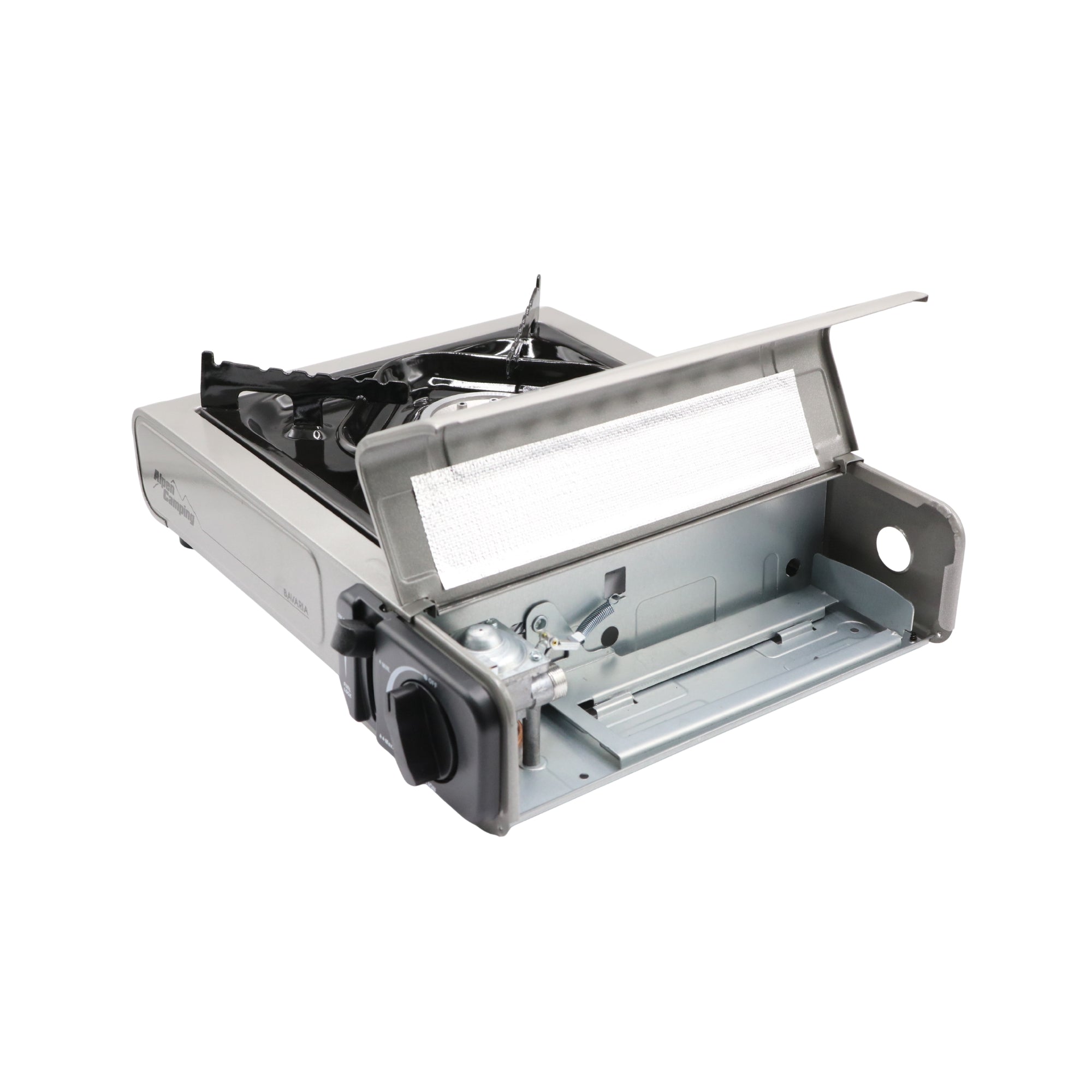 Aragaz portabil cu 1 ochi Alpen Camping Bavaria IK001, 2.2 kW, alimentare butan, aprindere piezo, valiză transport inclusă, 34 x 28 cm