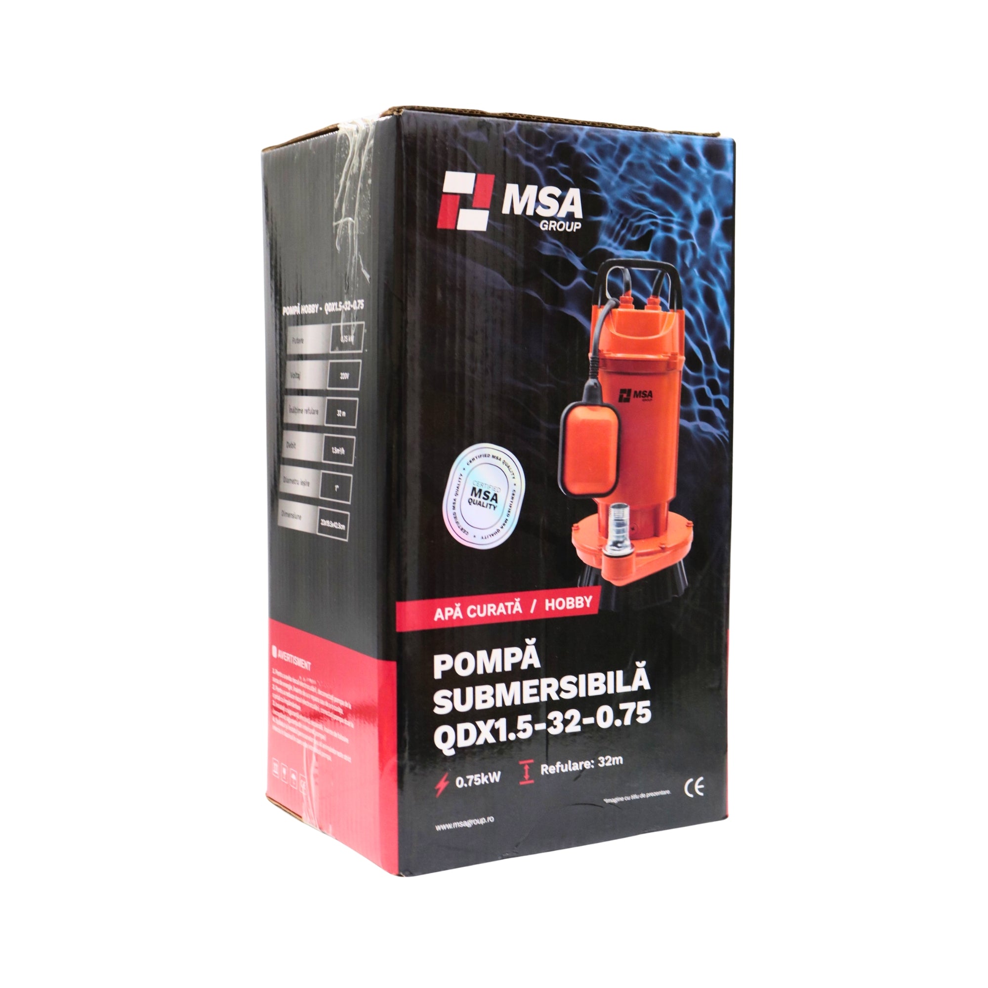 Pompa submersibilă apă curată MSA QDX1.5-32-0.75kW, 0.75 kW, refulare 32 m, debit 1.5 m³/h, hobby, cu plutitor