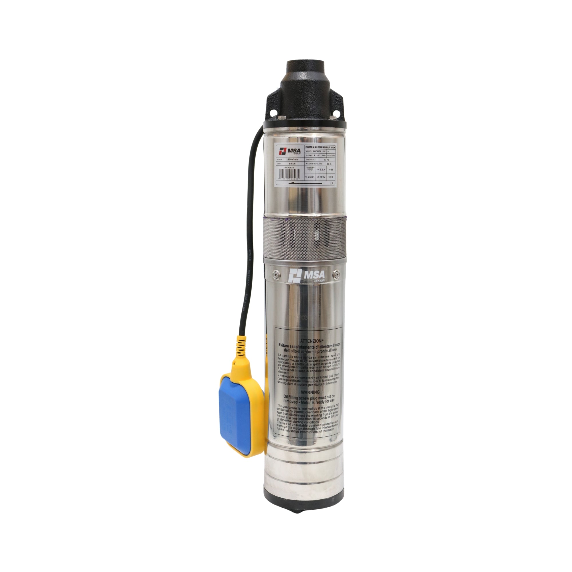 Pompă submersibilă inox cu plutitor 4QGDF1.1KW, 1,1 kW, H max. 80 m, – MSA2633