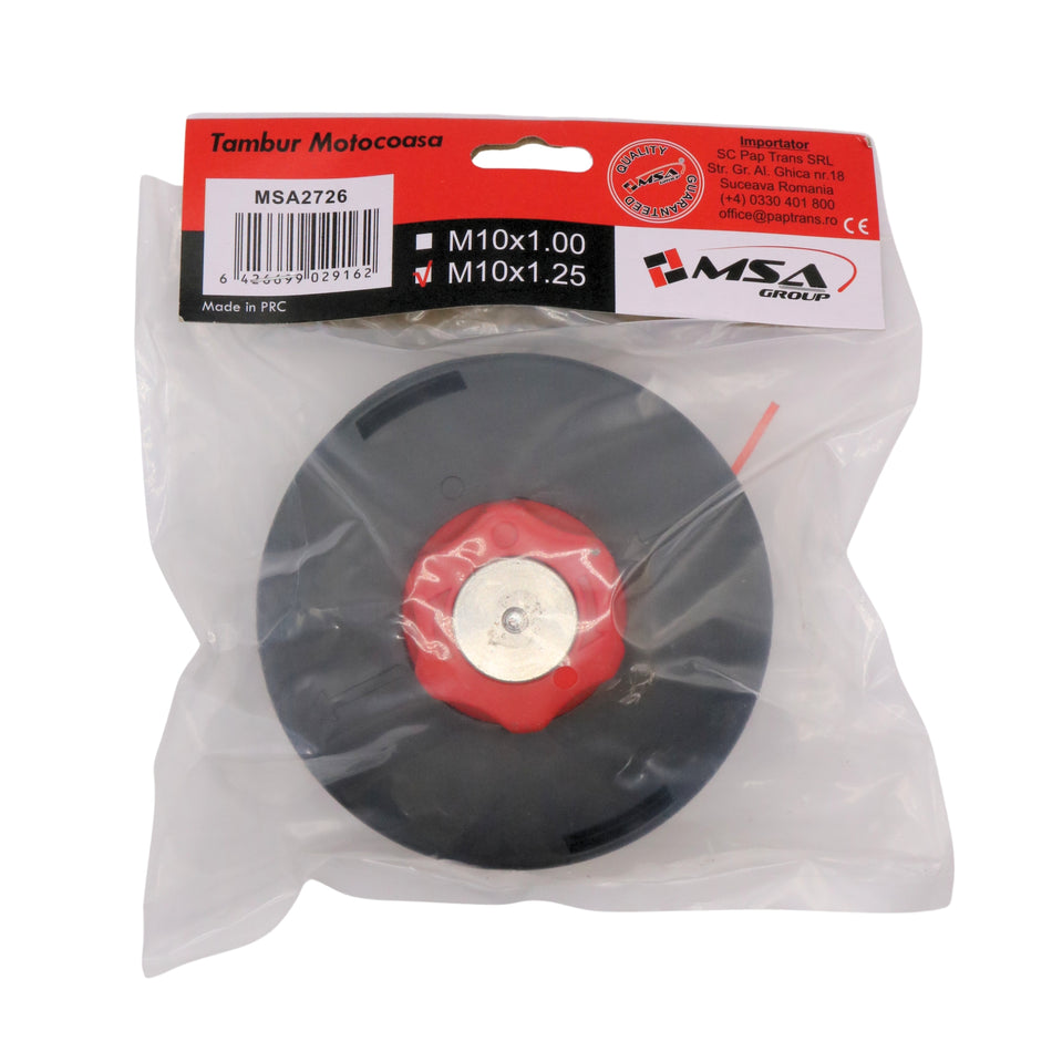 Tambur motocoasă negru + roșu, buton metal, M10 x 1.25, fir dublu – MSA2726