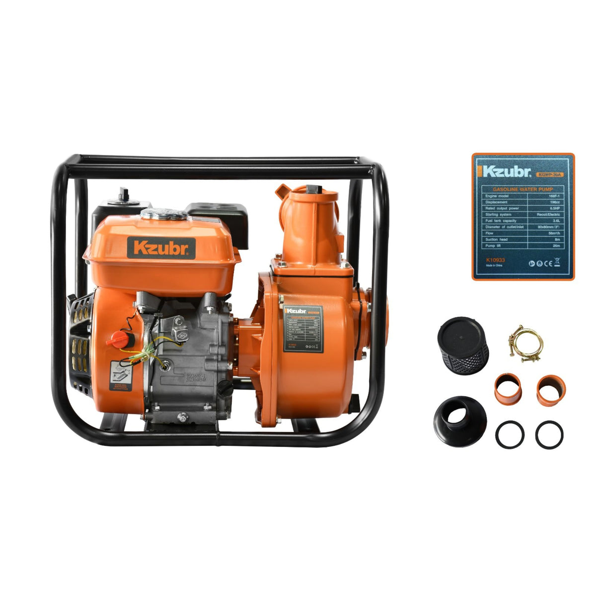 Motopompă benzină KZUBR KGWP-30A, 6.5CP, 196cc, 3” (80mm), debit 56m³/h, înălțime refulare 26m, adâncime aspirație 8 m