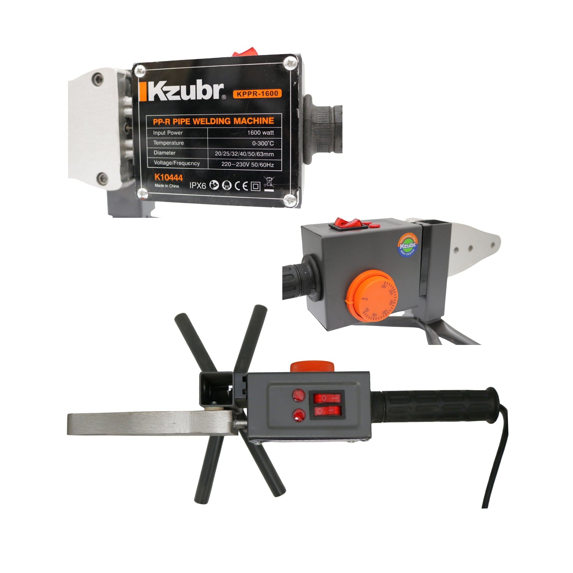 Aparat de sudură pentru țevi PPR Kzubr KPPR-1600, 1600 W, 0-300°C, 20-63 mm, cu foarfecă pentru țevi și cutie metalică, – MSA3115