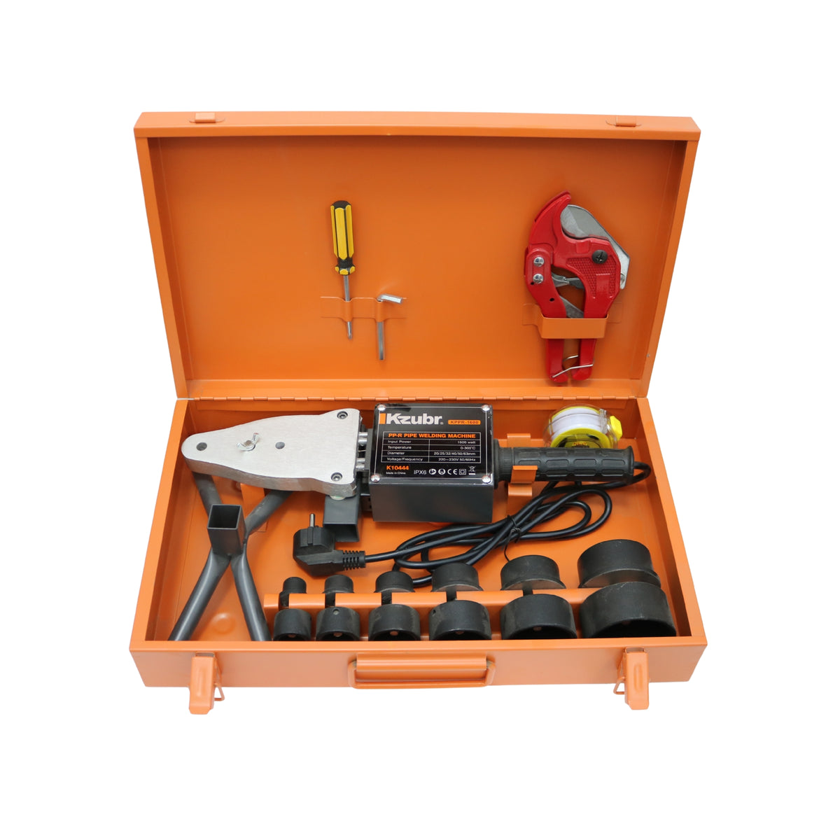 Aparat de sudură pentru țevi PPR Kzubr KPPR-1600, 1600 W, 0-300°C, 20-63 mm, cu foarfecă pentru țevi și cutie metalică, – MSA3115