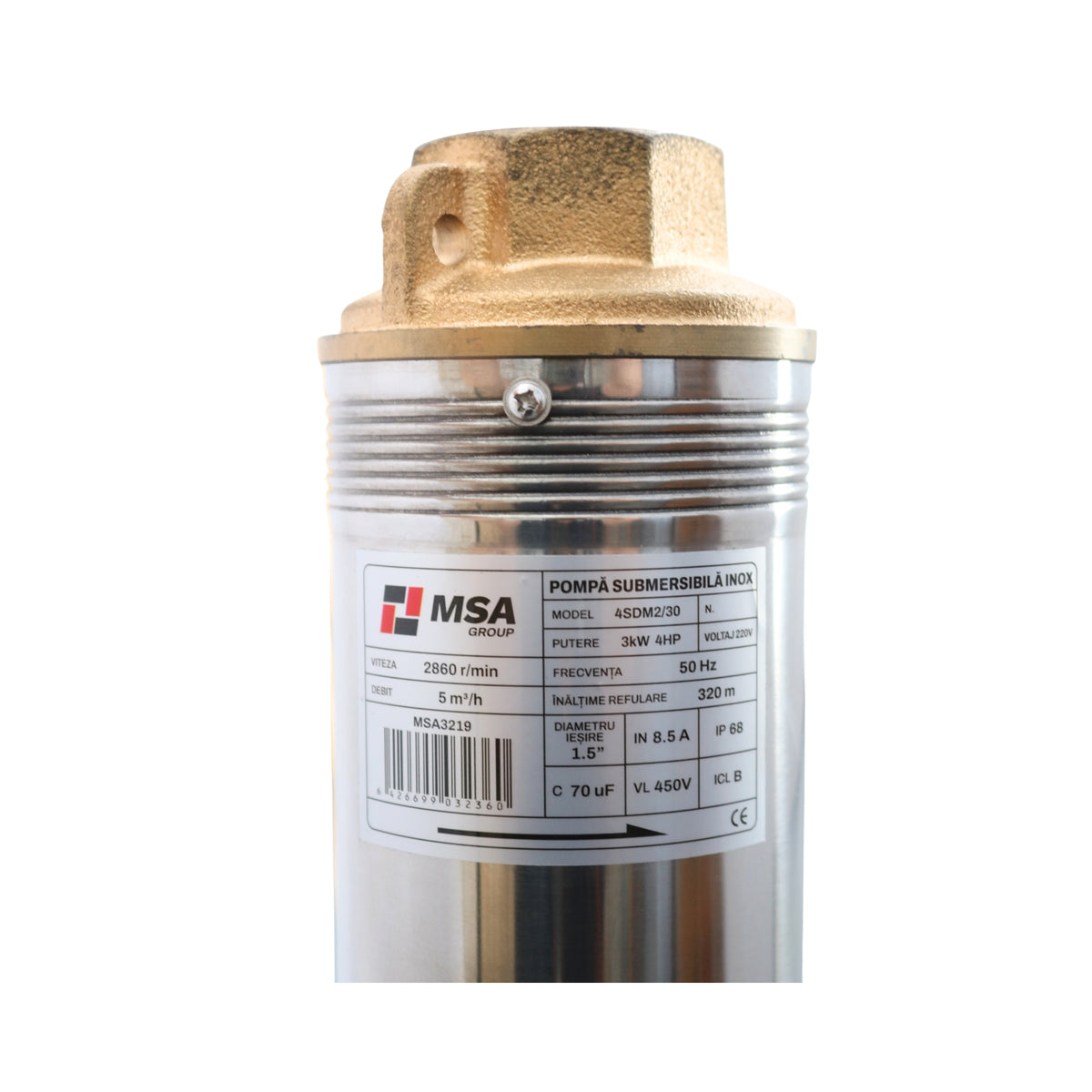 Pompă submersibilă inox 4SDM2/30, 3kW, 4CP, 320 m, 5m³/h, 30 etaje, – MSA3219