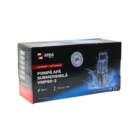 Pompa apă submersibilă cu vibrații MSA VMP60-3, 280W, 70 m, 360 L/h, 2 sorburi, apă curată, cablu 10 m