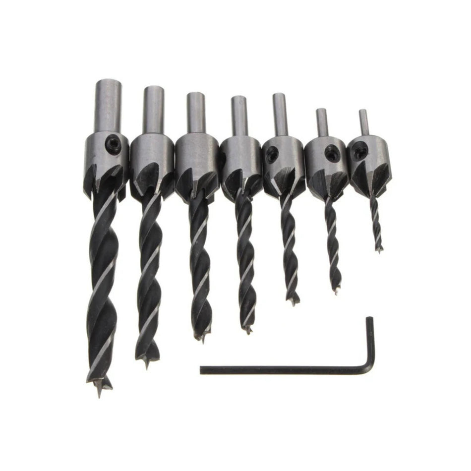 Set 7 burghie pentru lemn HSS cu limitator reglabil 3–10 mm + cheie imbus