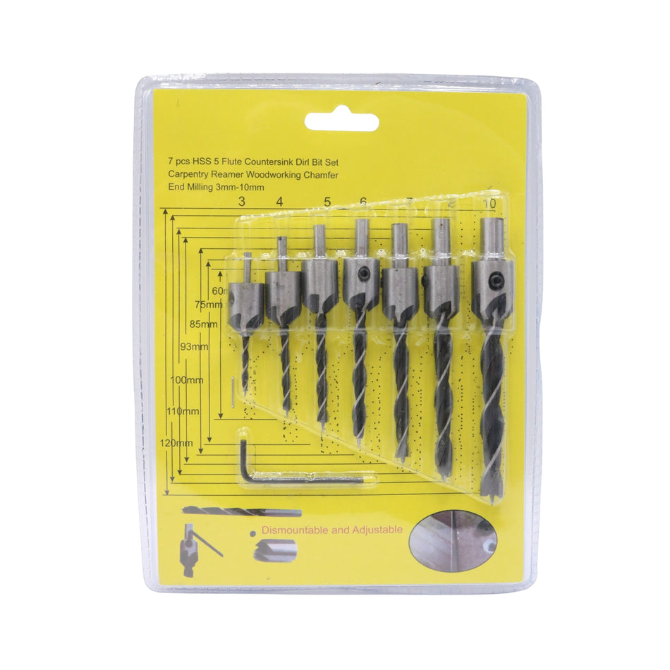 Set 7 burghie pentru lemn HSS cu limitator reglabil 3–10 mm + cheie imbus